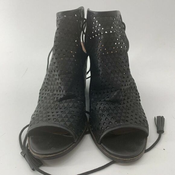 Lucky Brand Black Leather Wedge Booties Ankle Wrap - Picture 2 of 10